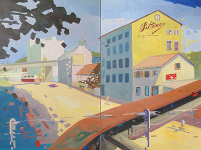 30.5.-3.6. 2023: Heiner Fierz, Sullana und Sihlquai, Zürich, Öl auf Leinwand, Diptychon, 120 x 160 cm, #505_506.